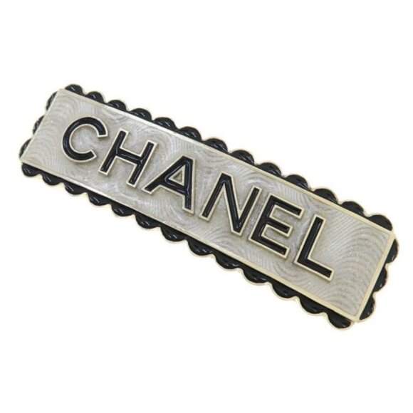 CHANEL Logo White Black Hair Clip Hairpin Barrette Gold Tone C24B Auth #636F - Picture 1 of 9